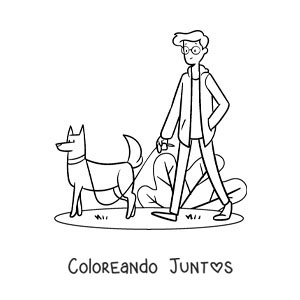 Imagen para colorear de un joven sacando a su perro a pasear al parque