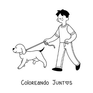 Imagen para colorear de un chico sacando a su perro a pasear con correa