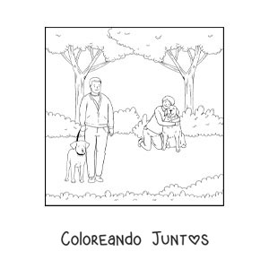 Imagen para colorear de varias personas de paseo con sus perros en el parque