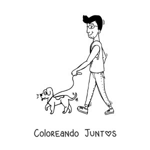 Imagen para colorear de una caricatura de un hombre paseando a su perro