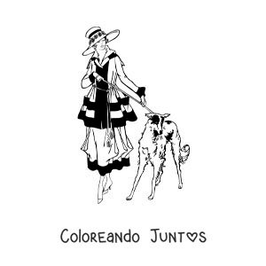 Imagen para colorear de una chica elegante de paseo con su perro