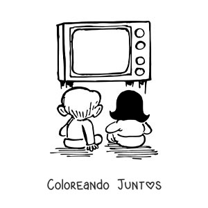 Imagen para colorear de una caricatura de dos niños viendo televisión
