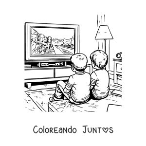 Imagen para colorear de dos niños amigos viendo la tv