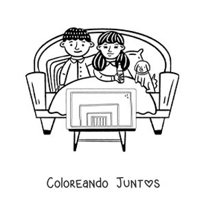 Imagen para colorear de una pareja viendo películas en la tele en el sofá