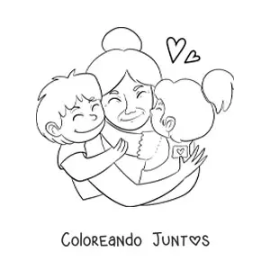 Imagen para colorear de una abuela abrazando a sus dos nietos