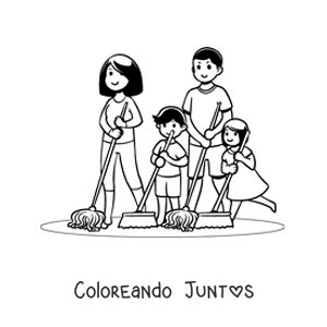 Imagen para colorear de una familia limpiando la casa