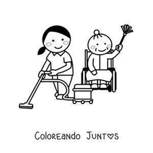 Imagen para colorear de una chica y una abuela limpiando la casa