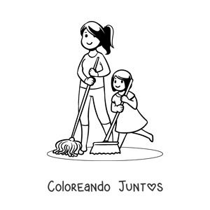 Imagen para colorear de una madre y su hija barriendo el piso