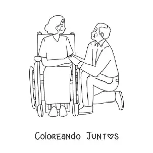 Imagen para colorear de un abuelo arrodillado junto a una abuela en silla de ruedas