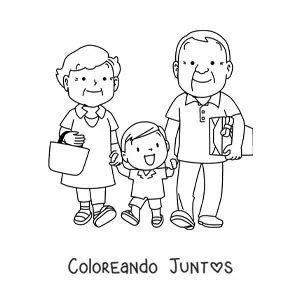Imagen para colorear de un par de abuelos llevando de la mano a su nieto