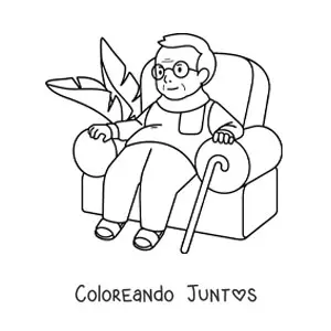 Imagen para colorear de un abuelo con bastón sentado en un sillón