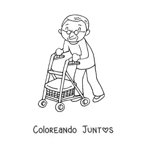 Imagen para colorear de un abuelo kawaii caminando con un andador
