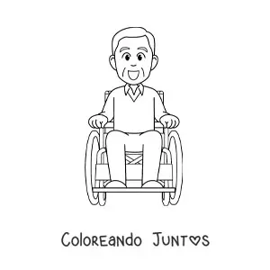 Imagen para colorear de un abuelo kawaii sonriente en una silla de ruedas