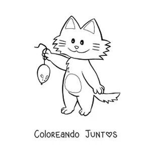 Imagen para colorear de un gato animado sosteniendo un ratón por su cola