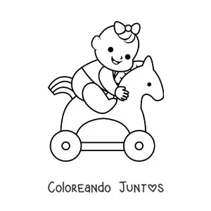 Imagen para colorear de un bebé niña jugando sobre un caballo de juguete