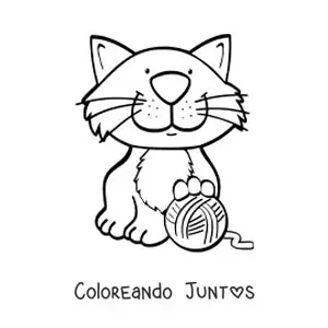 Imagen para colorear de un gato animado sentado jugando con un ovillo
