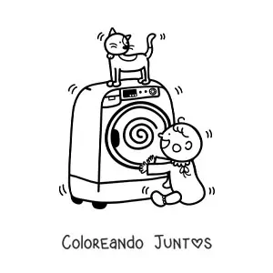 Imagen para colorear de un bebé jugando con un gato animado sobre una secadora
