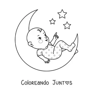 Imagen para colorear de un bebé acostado sobre la Luna mirando las estrellas