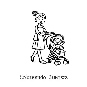 Imagen para colorear de una mamá paseando a su bebé en un cochecito