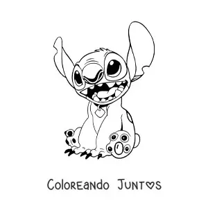 Imagen para colorear de Stitch sentado sonriendo usando un collar de mascota