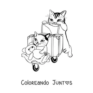 Imagen para colorear de gato empujando un portaequipaje con maleta, otro gato y un oso de peluche