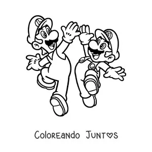 Imagen para colorear de los hermanos Mario y Luigi saltando chocando las manos
