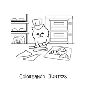 Imagen para colorear de un gato panadero animado cocinando croissants