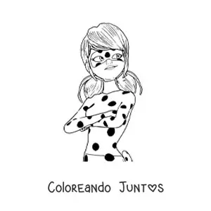 Imagen para colorear de Marinette con traje de Ladybug con los brazos cruzados