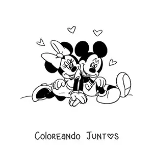 Imagen para colorear de Mickey y Minnie sentados juntos rodeados de corazones