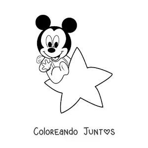 Imagen para colorear de Mickey bebé sentado sobre una estrella