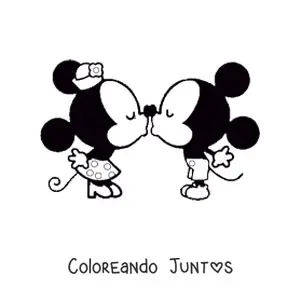 Imagen para colorear de Mickey kawaii besando a Minnie