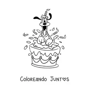 Imagen para colorear de Pluto saliendo del interior de un pastel de cumpleaños