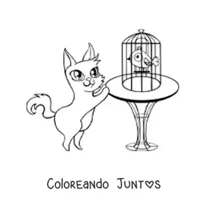 Imagen para colorear de un gato animado viendo a un ave en su jaula sobre una mesa