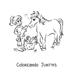 Imagen para colorear de una niña alimentando a un caballo con una zanahoria enorme