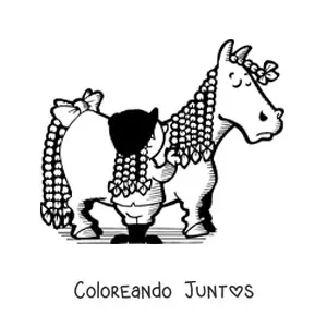 Imagen para colorear de una niña con trenzas peinando la crin larga de un caballo con trenzas