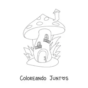 Imagen para colorear de la casa de un duende en forma de hongo con chimenea