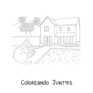 Imagen para colorear de una casa con un perro y un jardín