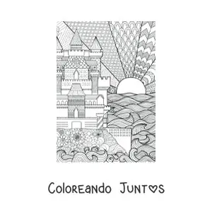 Imagen para colorear de un castillo dibujado con diseño geométrico