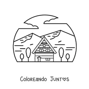 Imagen para colorear de una cabaña rodeada de montañas