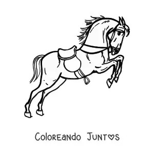 Imagen para colorear de un caballo ensillado y con riendas saltando con las patas traseras