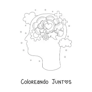 Imagen para colorear de una cabeza humana con un cerebro rodeado de símbolos del pensamiento, las emociones y la inteligencia