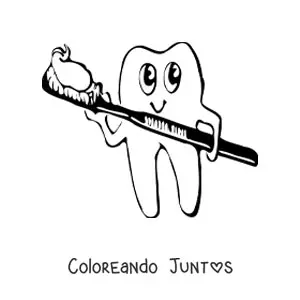Imagen para colorear de un diente animado sonriendo sosteniendo un cepillo con crema dental