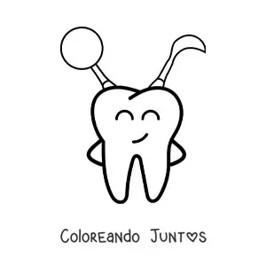 Imagen para colorear de un diente animado feliz sosteniendo instrumentos de odontología