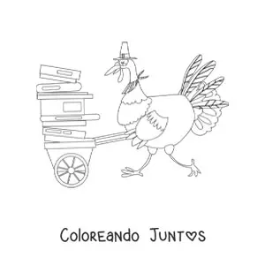 Imagen para colorear de un pavo animado con libros apilados en una carretilla