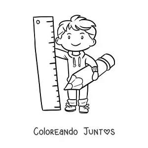 Imagen para colorear de un niño kawaii sujetando un lápiz y una regla gigante