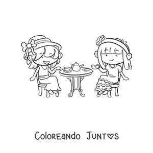 Imagen para colorear de dos niñas kawaii tomando té en una mesa
