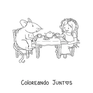 Imagen para colorear de una niña y un ratón animado tomando té en una mesa de madera