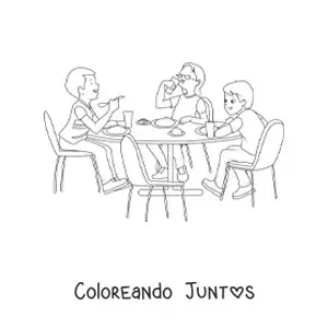 Imagen para colorear de tres niños comiendo en la mesa