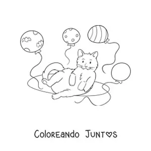 Imagen para colorear de un gato kawaii con cuatro globos