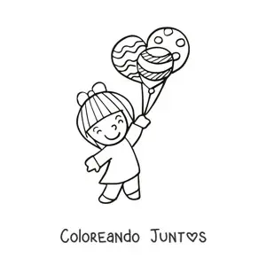 Imagen para colorear de una niña sosteniendo tres globos